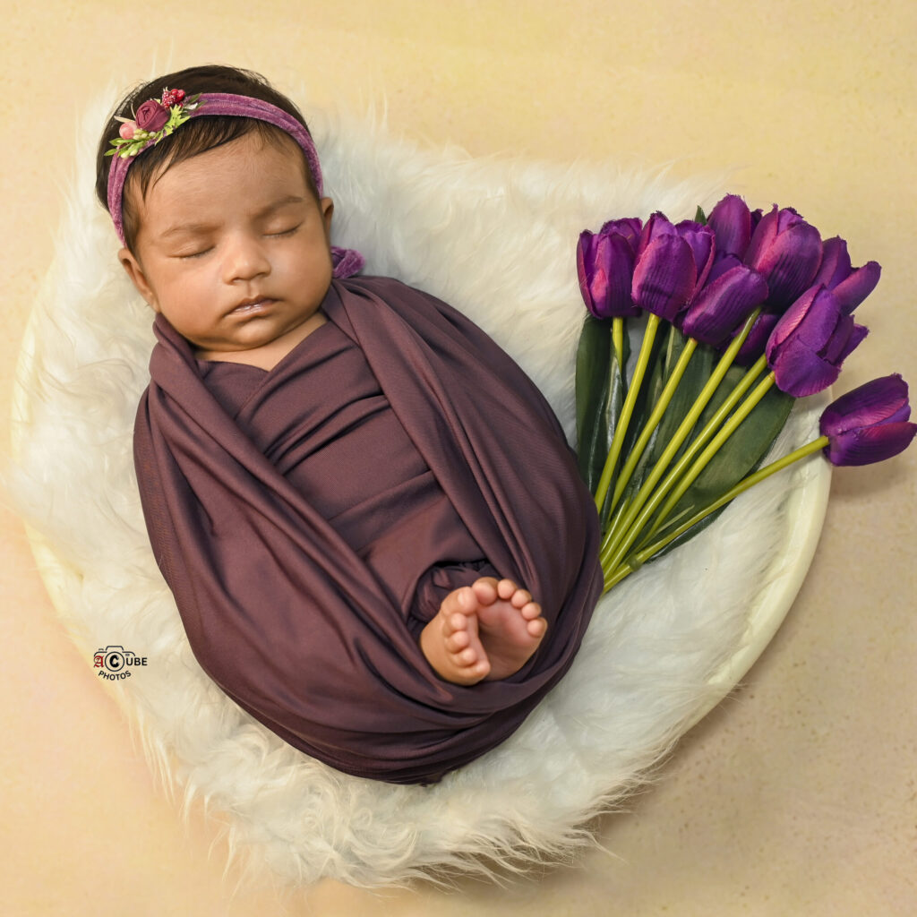 Newborn with Purple Tulip